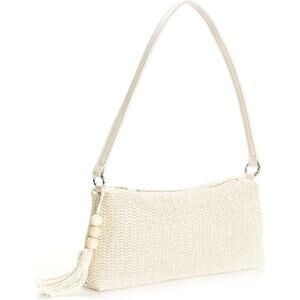 New Oyoangle Mini Tan Woven Straw Zip Up Tassel One Strap Shoulder Handbag Purse